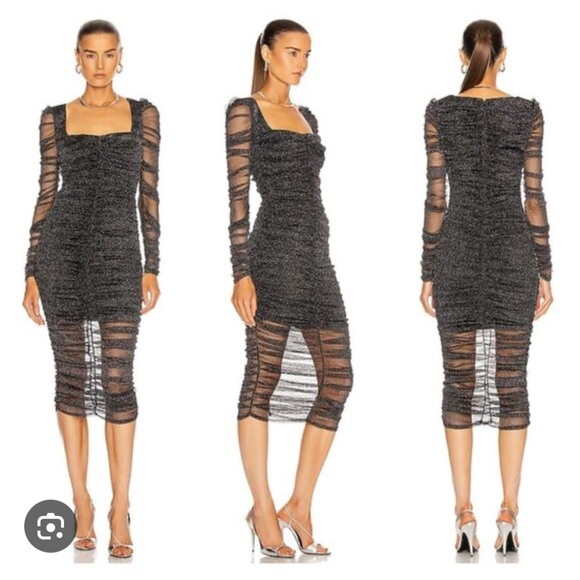 Jonathan Simkhai Zinnia Ruched Midi Dress with Sheer Long Sleeves